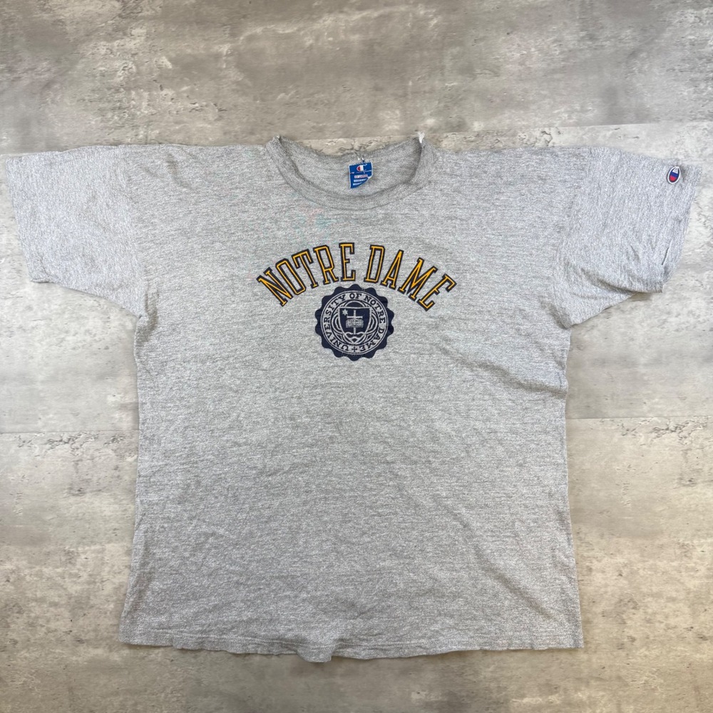 Vintage Champion Notre Dame T Shirt 80s Blue Bar Gray Distressed XXL Made in USA